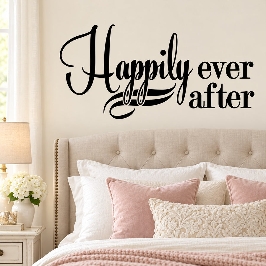 Happily ever after wall decal in black cursive script lettering