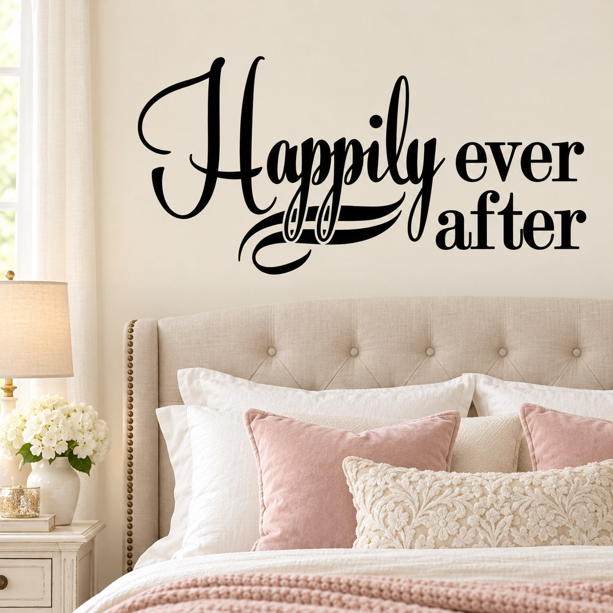 Happily ever after wall decal in black cursive script lettering