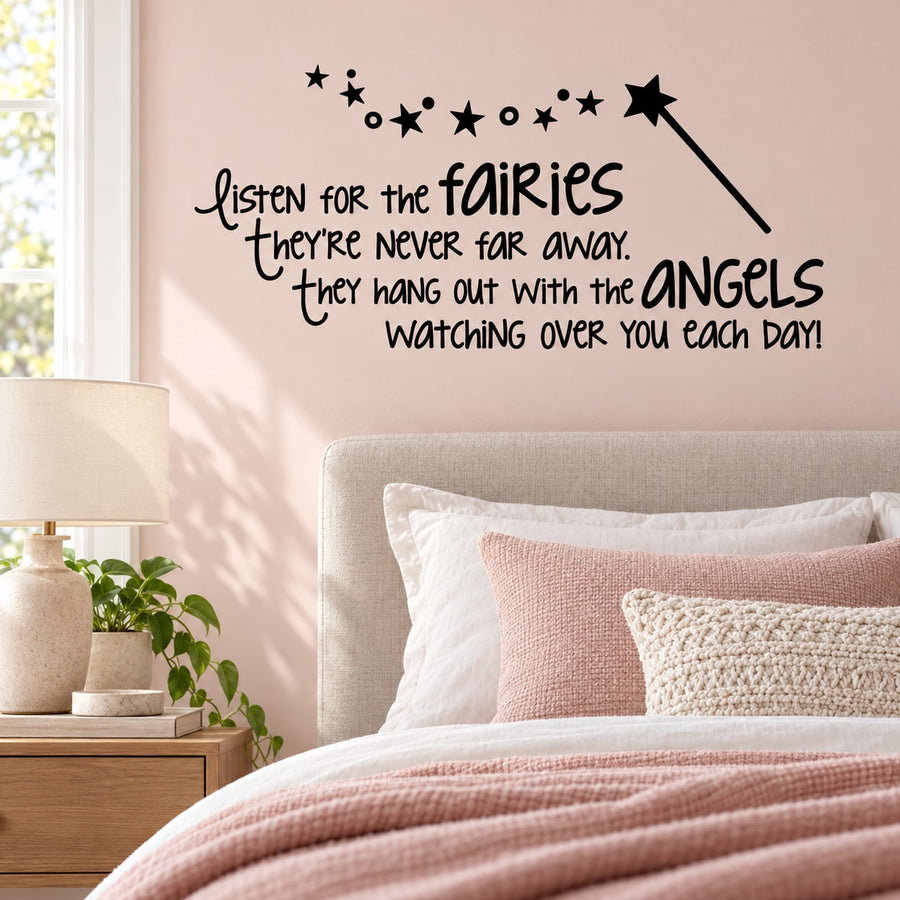 Fairy-themed wall decal with whimsical black lettering and star accents