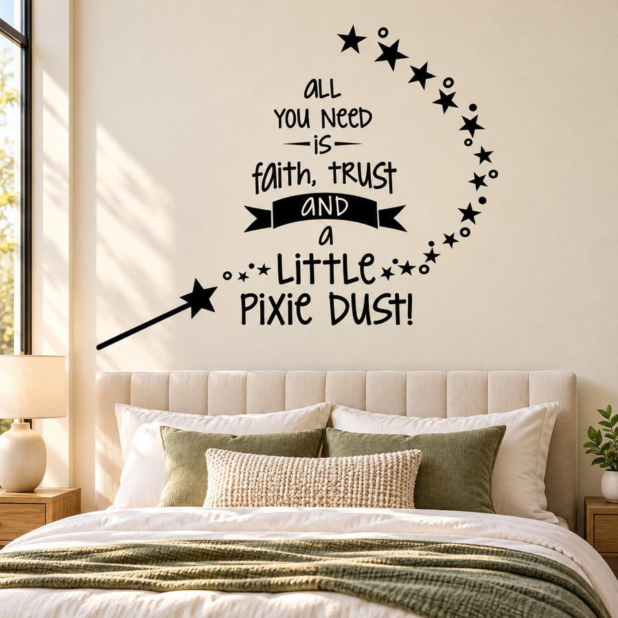 Inspirational wall decal with black quote, stars, and wand swirl border