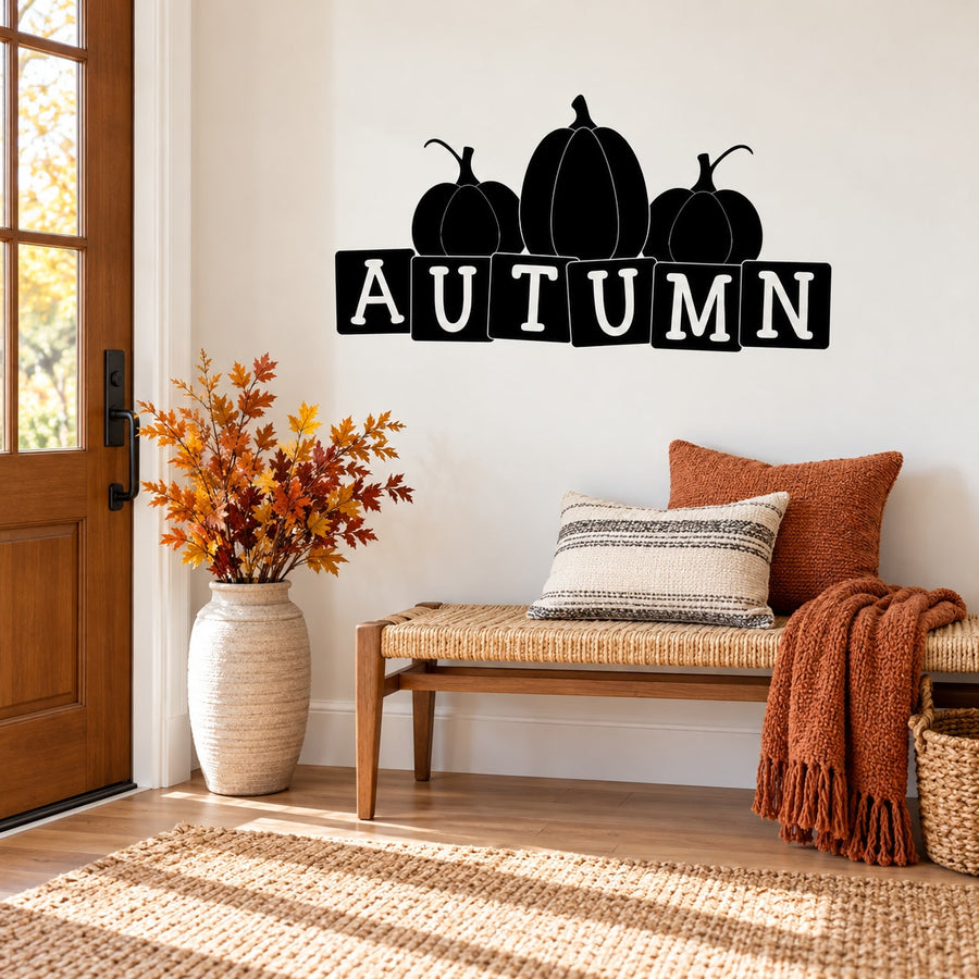 Autumn wall decal with black pumpkin shapes and AUTUMN lettering