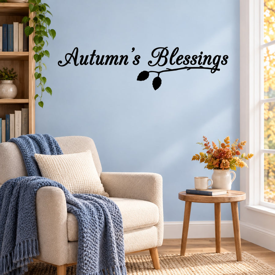 Autumn's Blessings wall decal in black script with leaf sprig accent