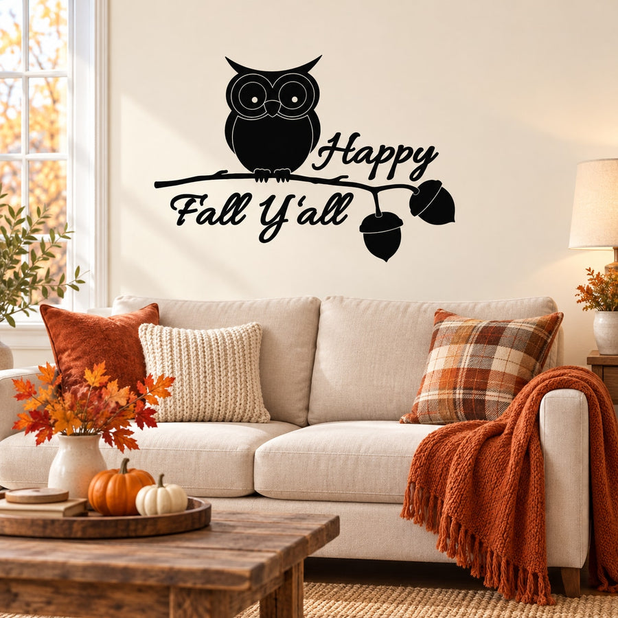 Owl wall decal with 'Happy Fall y'all' lettering and black owl with fall leaves