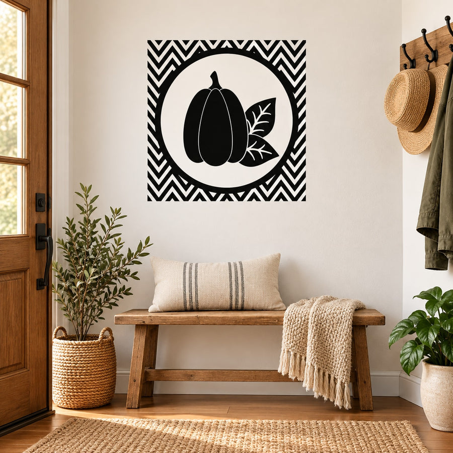 Black and white pumpkin frame wall decal with zigzag border and leaf accents