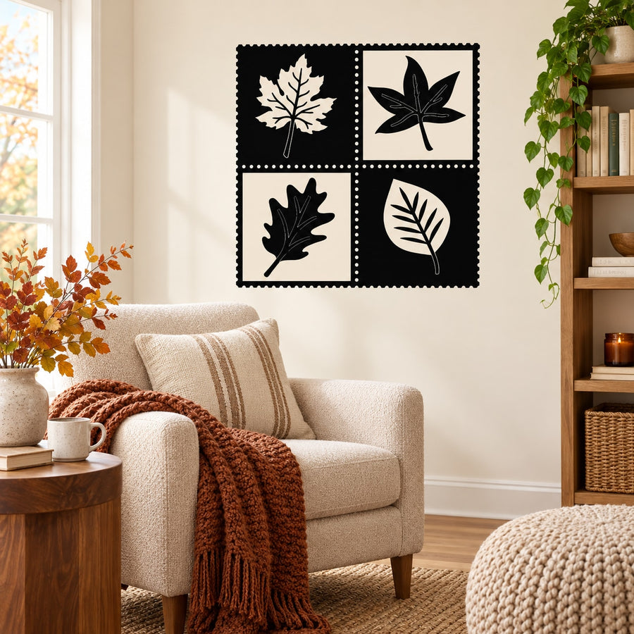 Leaf mural decal with four square panels featuring black and cream leaf silhouettes