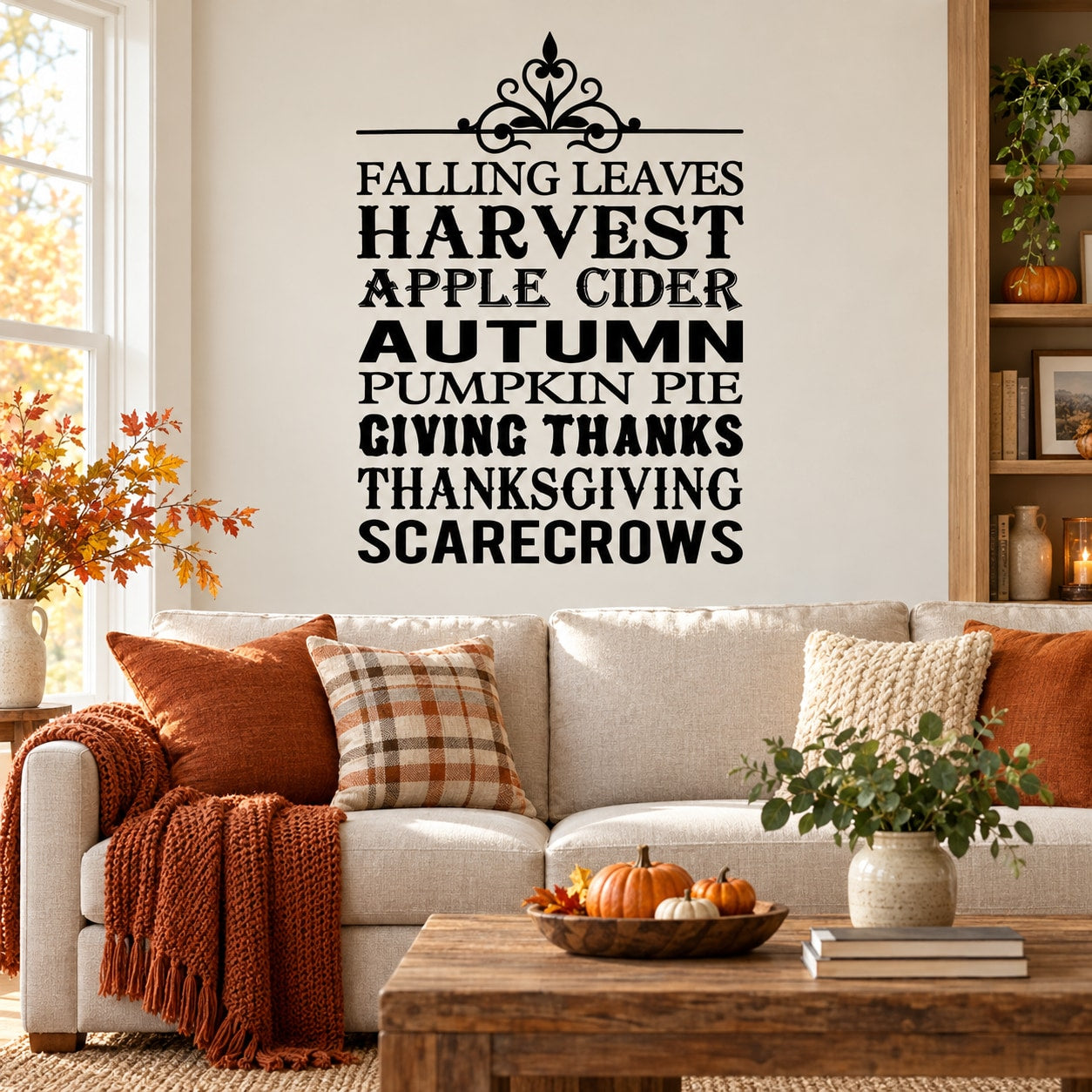 Autumn word collage wall decal with falling leaves and harvest typography, includes pumpkin pie
