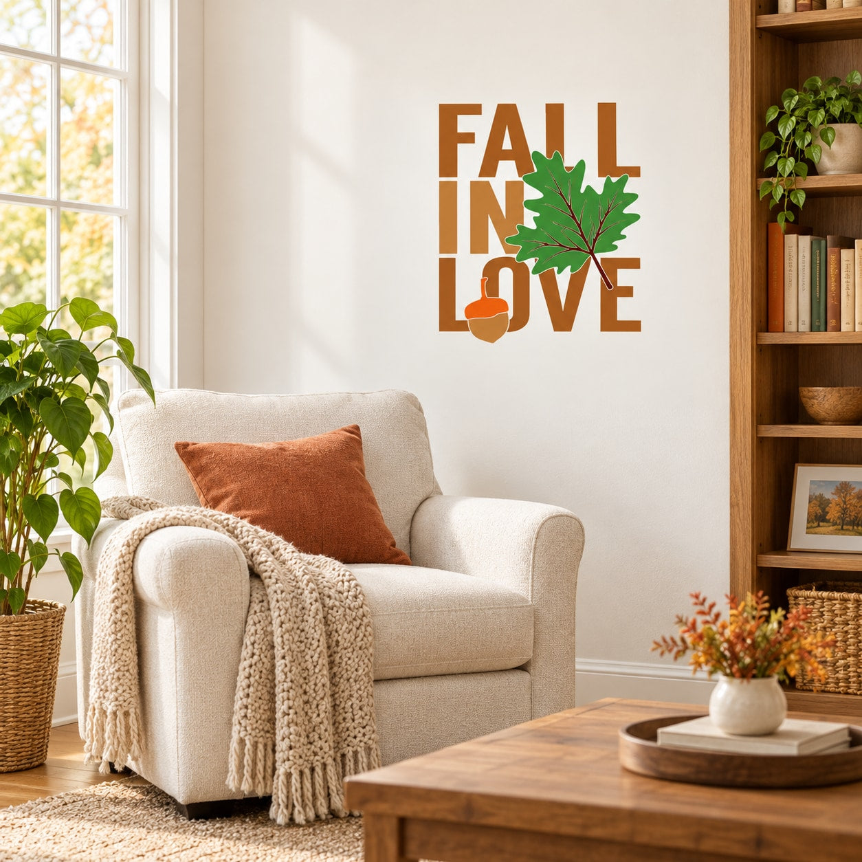 Fall in Love printed die-cut decal with stacked text, leaf, and heart