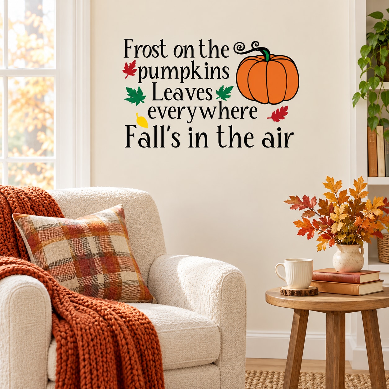 Fall wall decal with orange pumpkins, leaves, and quote text for seasonal decor