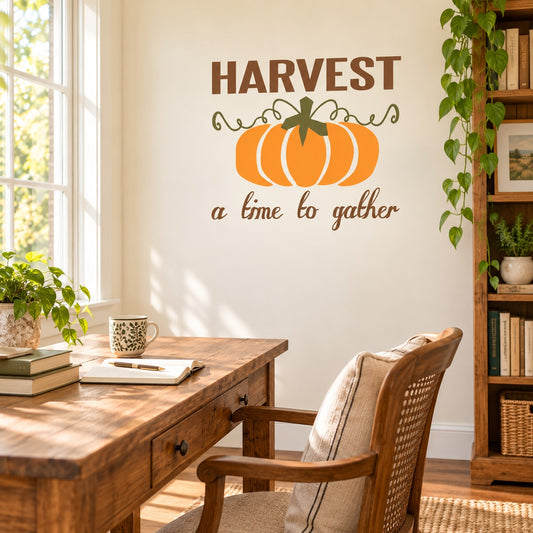Harvest pumpkin time to gather die-cut wall decal with orange pumpkin outline and text