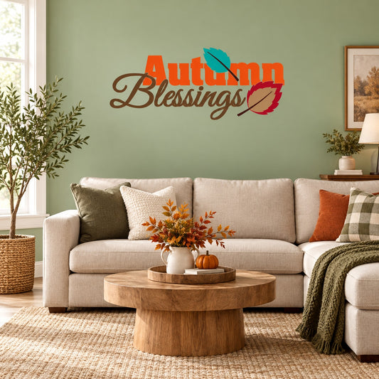 Autumn Blessings wall decal with orange script text, teal leaf, and red heart