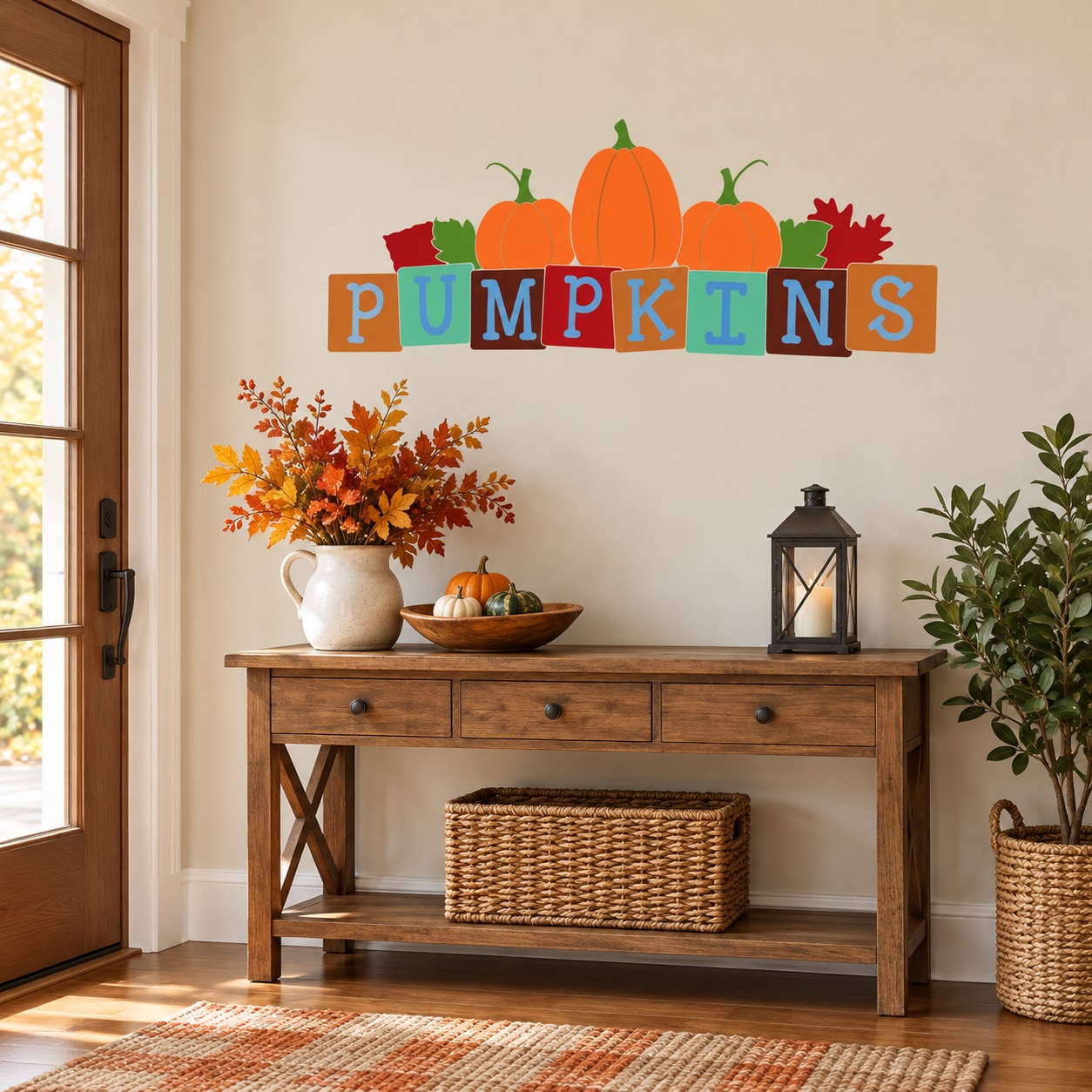Pumpkins text wall decal with colorful block letters and orange pumpkins