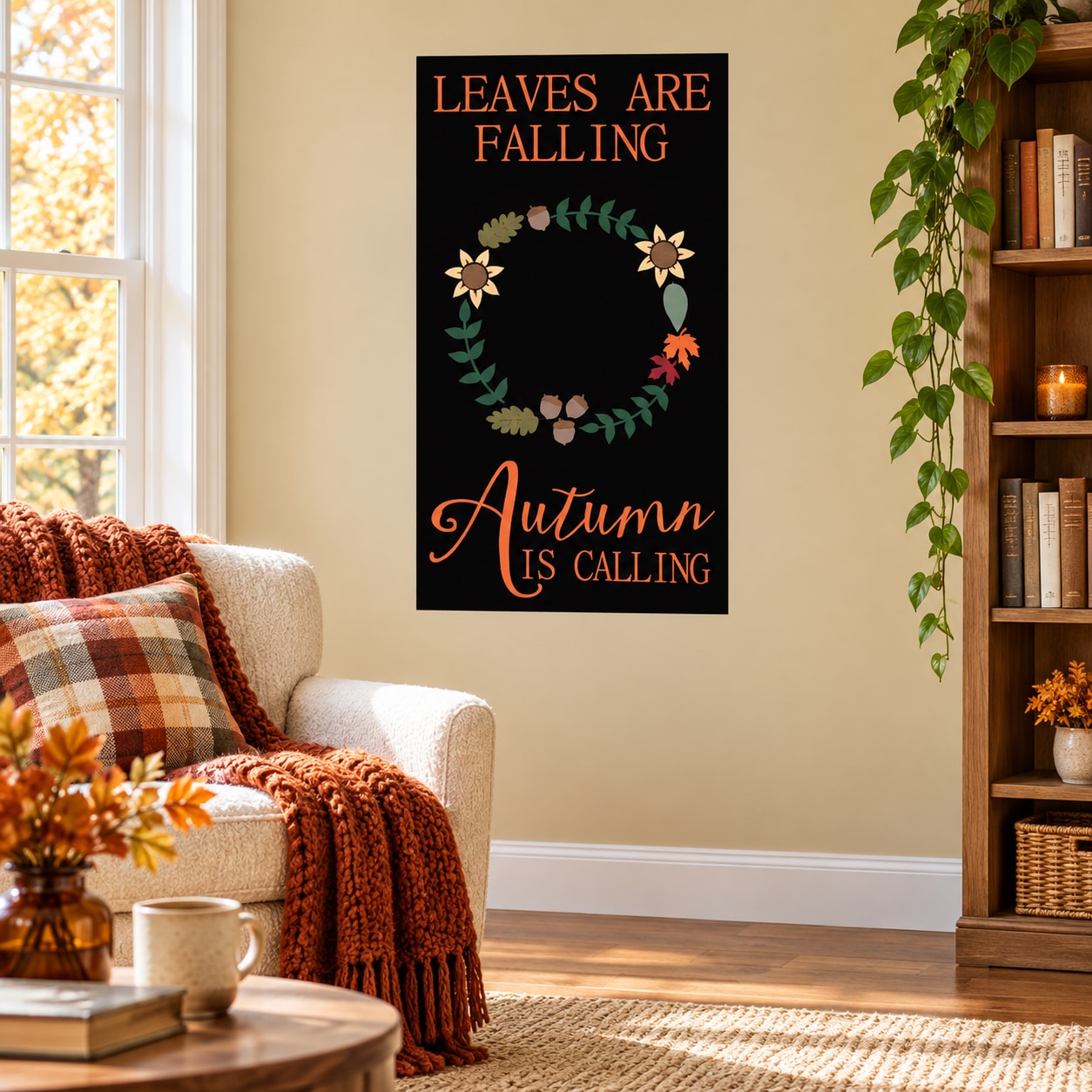 Autumn wreath sticker with 'Leaves are Falling' and 'Autumn is Calling'