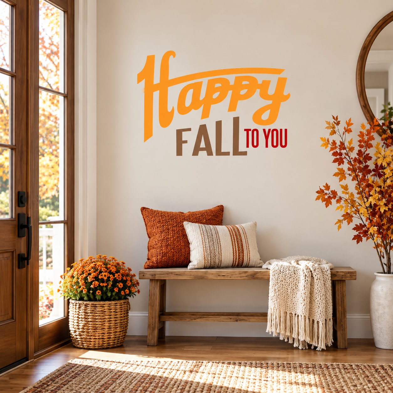 Fall wall decal with 'Happy Fall to You' text and orange autumn leaves