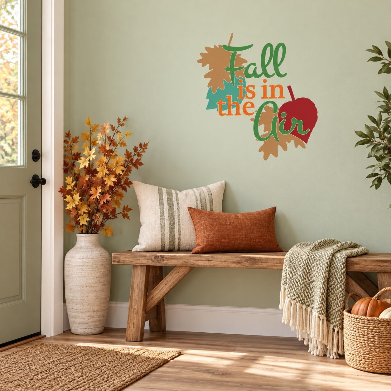 “Fall is in the air” printed die-cut wall decal with layered autumn leaves