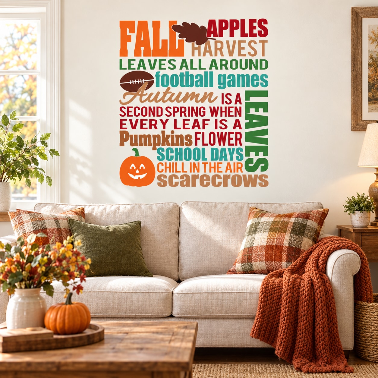 Fall word collage wall decal with multicolor autumn text and leaf, pumpkin, acorn icons