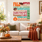 Fall word collage wall decal with multicolor autumn text and leaf, pumpkin, acorn icons