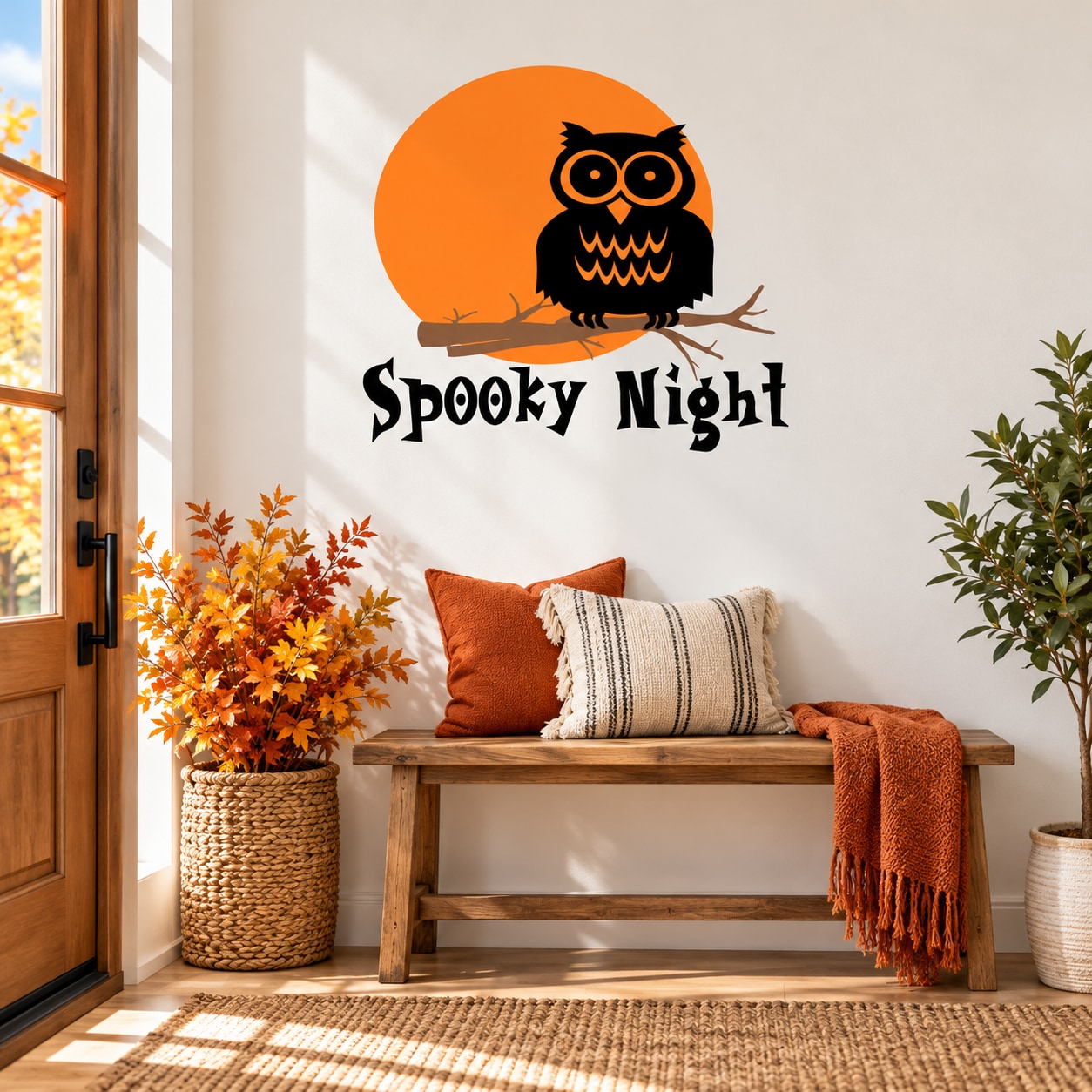 Halloween owl wall decal with orange moon and “Spooky Night” text