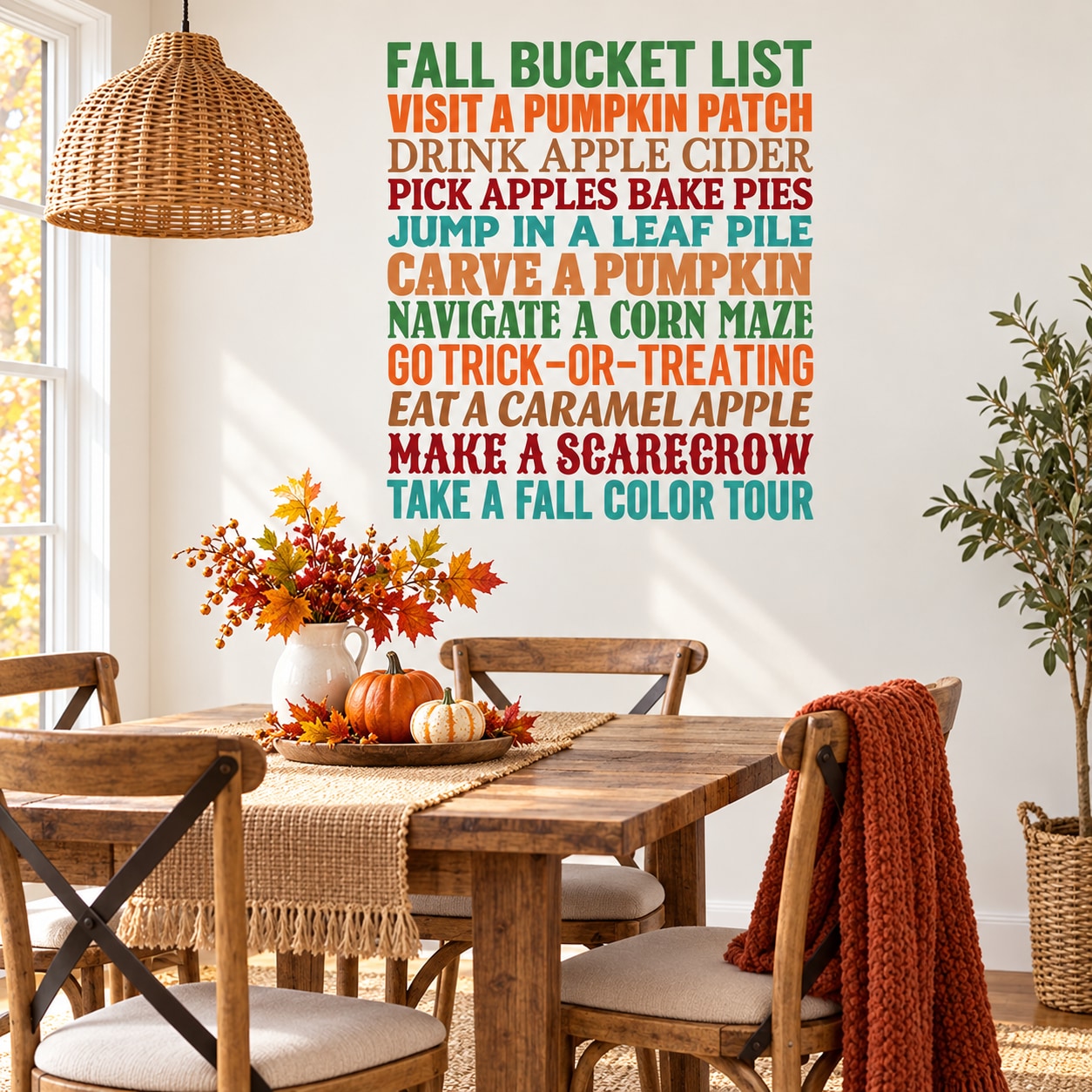 Fall bucket list wall decal with colorful autumn text, pumpkins, cider, apple and harvest phrases