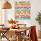 Fall bucket list wall decal with colorful autumn text, pumpkins, cider, apple and harvest phrases