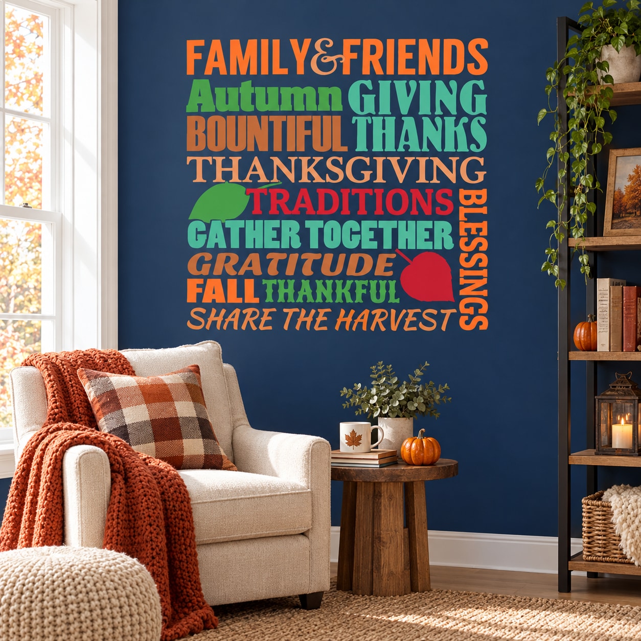 Thanksgiving word collage wall decal with autumn and gratitude phrases in orange and green