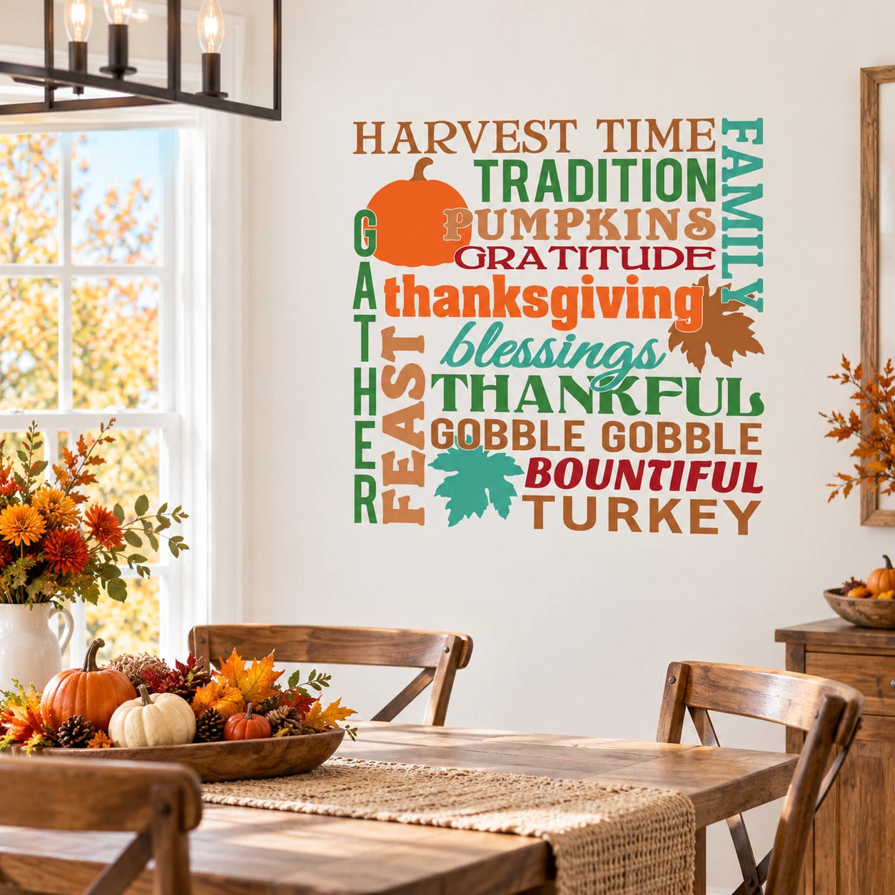 Thanksgiving word collage wall decal with pumpkins, turkey, harvest, gratitude text
