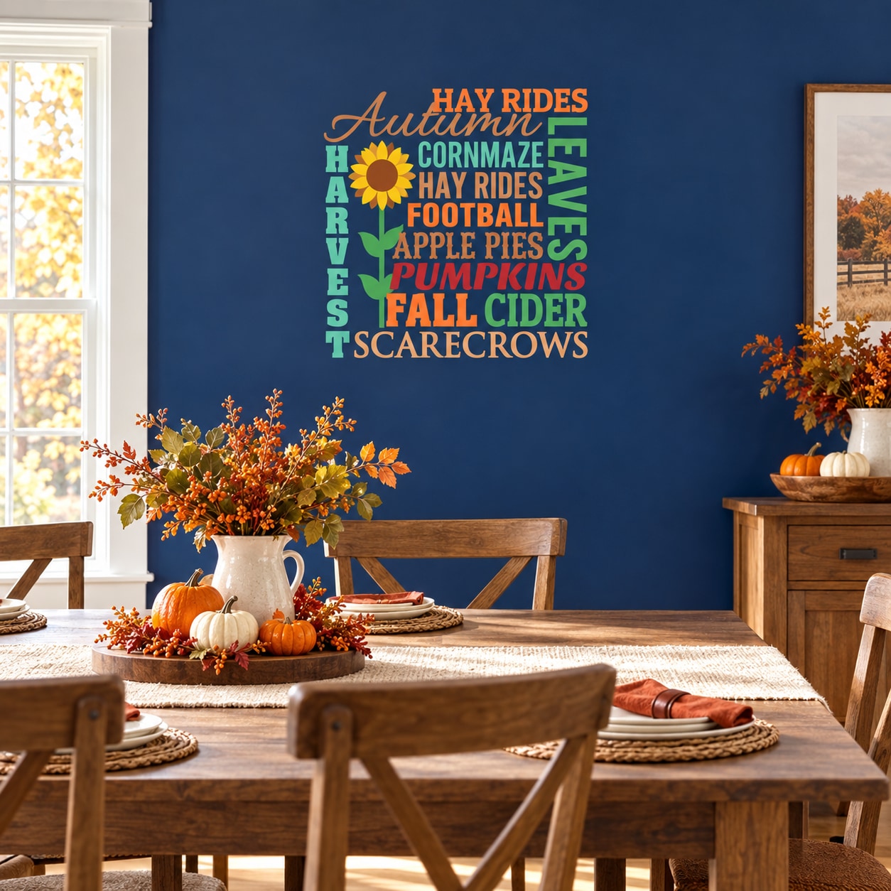 Autumn word collage wall decal with farm and fall words like hay, corn, and pumpkins