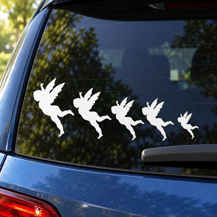 Angel flying family decal stickers in white on car window