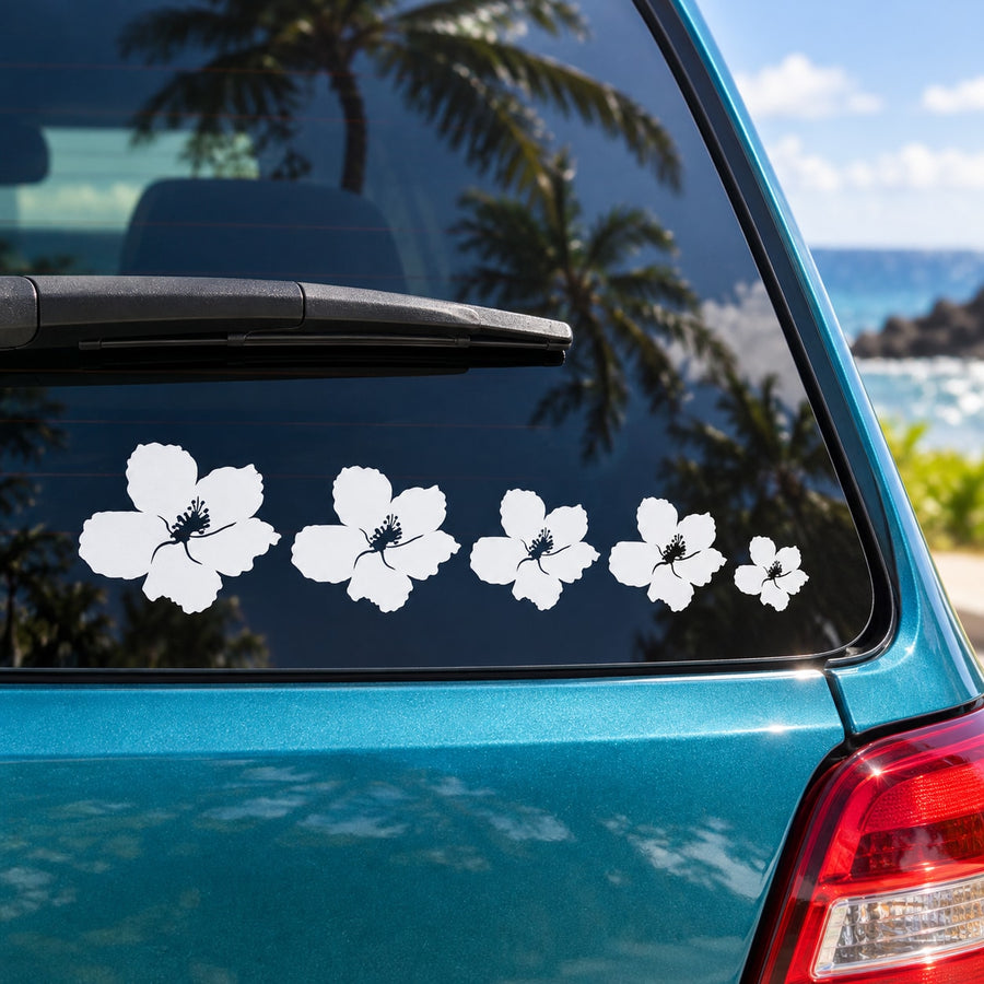 White Hawaiian flower decal set with five blooms on car window