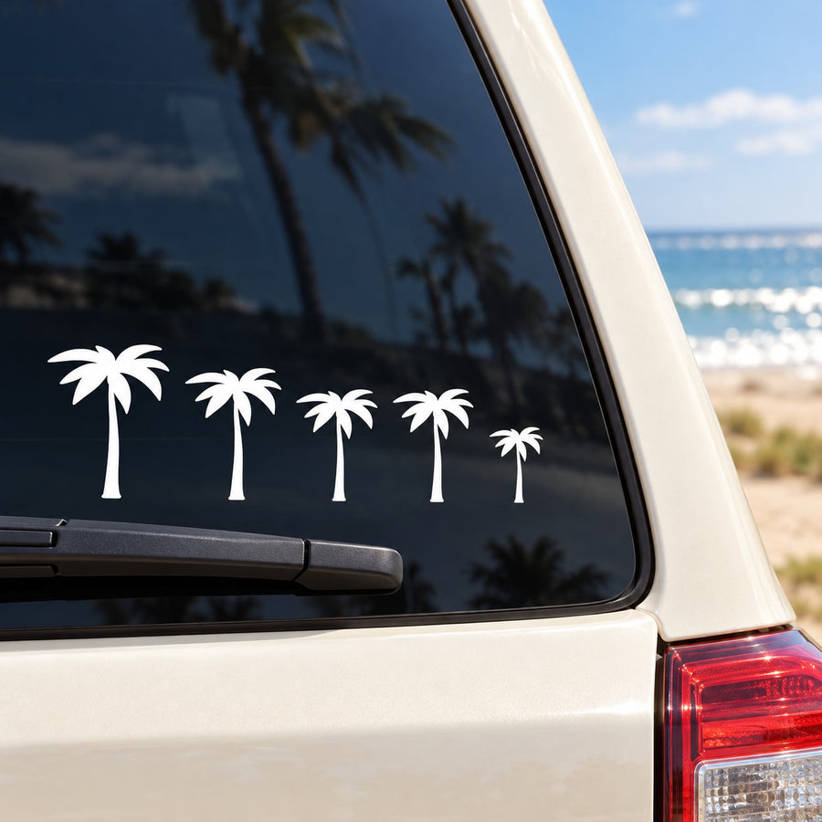White palm tree decal set for car window, featuring multiple small palm silhouettes.