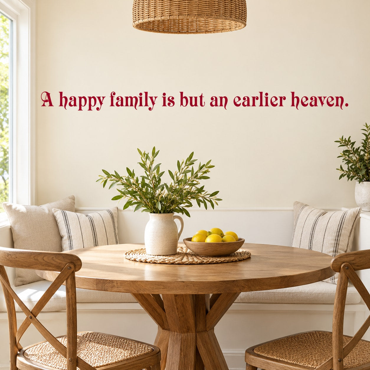 Red cursive wall decal text: 'A happy family is but an earlier heaven.'