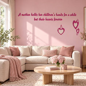 Inspirational wall decal with cursive text and pink heart graphics