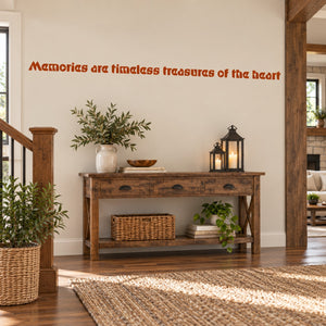 Wall decal with red script quote: timeless treasures of the heart.