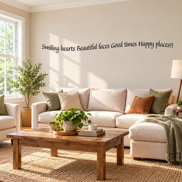 Smiling hearts Beautiful faces Good times Wall Decal — illustrative vinyl decal application mockup. Surrounding objects are not included.