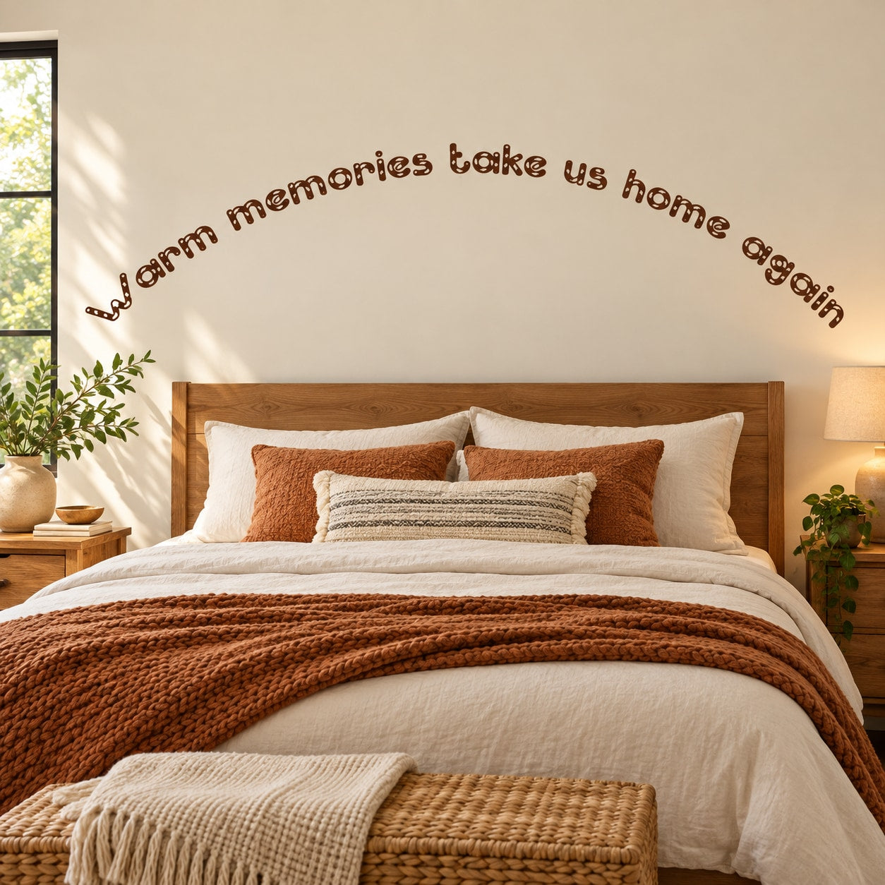 Wall decal with cursive quote: 'Warm memories take us home again'