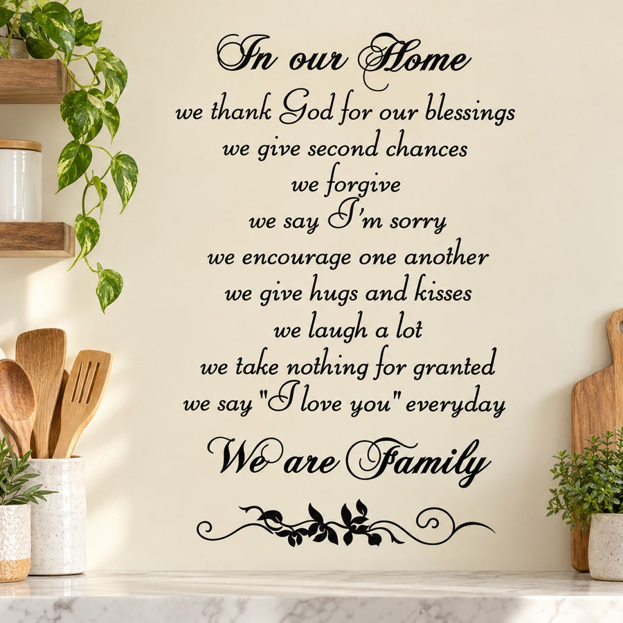 In our home we thank god for our blessings Wall Decal — illustrative vinyl decal application mockup. Surrounding objects are not included.