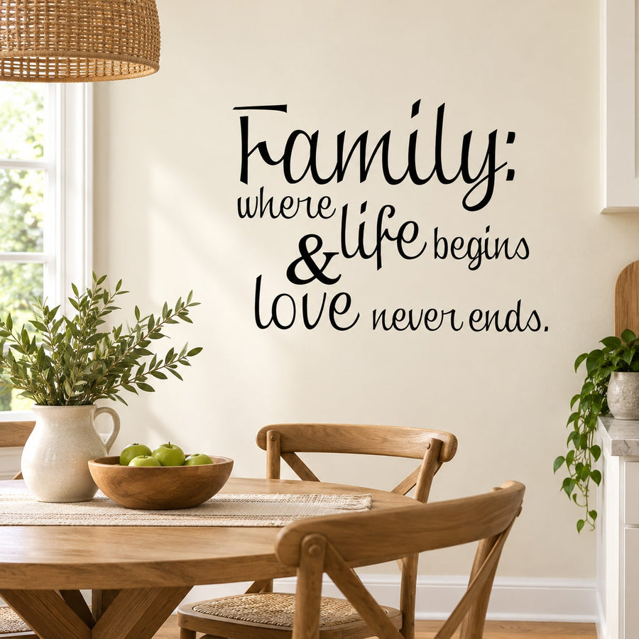 Family wall decal with black script text: where life begins & love never ends.