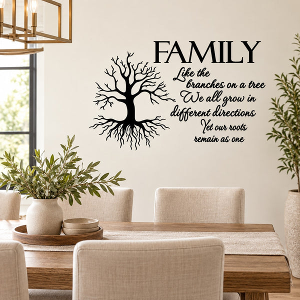 Family wall decal with tree of branches and quote, black text on light background