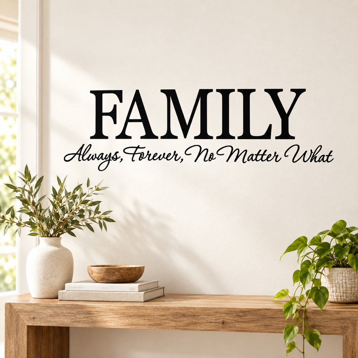 Family wall decal with big FAMILY and script: Always, Forever, No Matter What