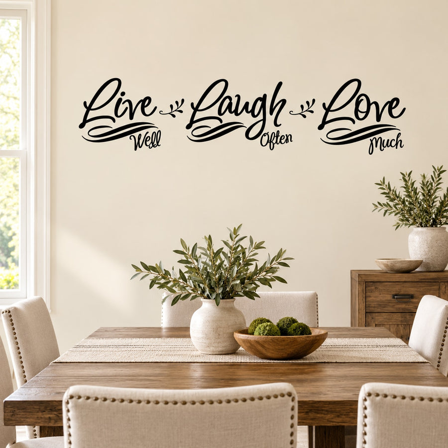 Curved script wall decal: Live Laugh Love with leaf accents