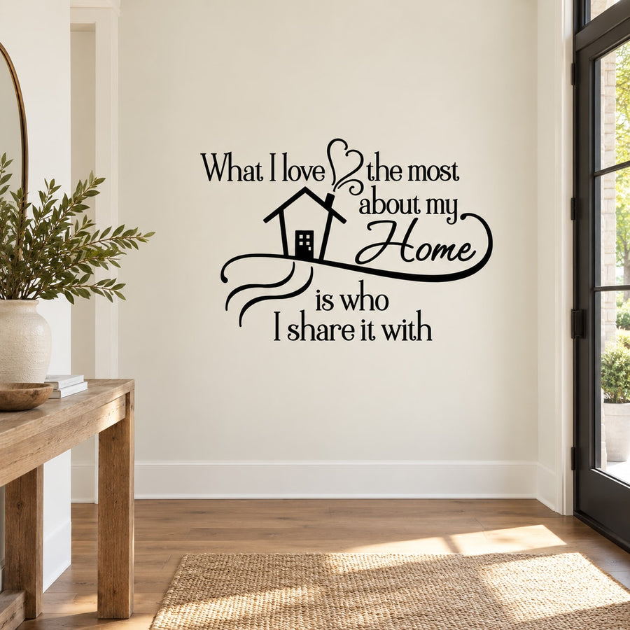 Home wall decal with black house icon and quote: “What I love most about my Home”