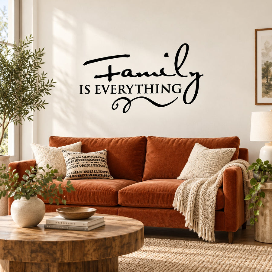 Family is everything wall decal with black cursive lettering