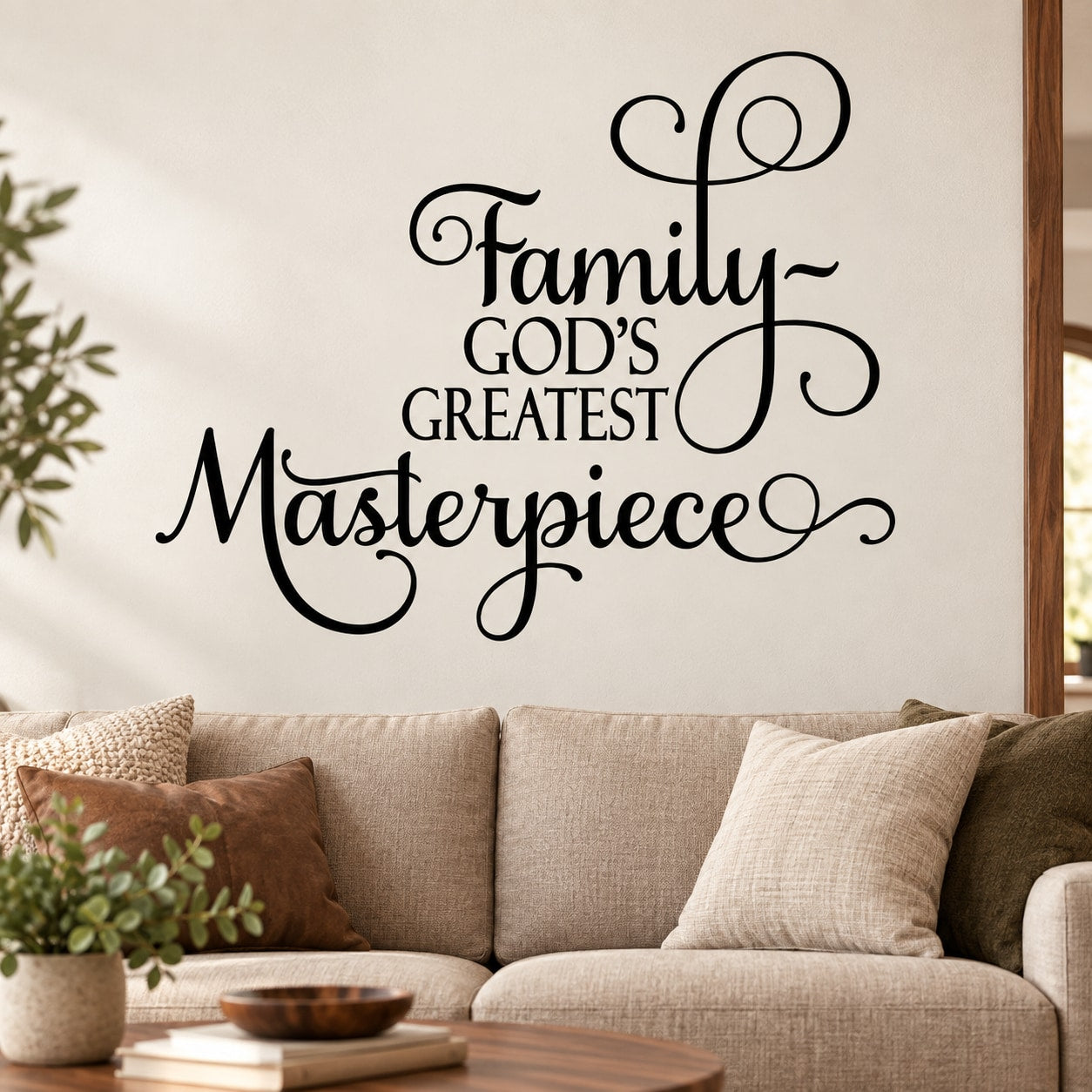 Black typographic wall decal with ornate scrollwork text: Family God's Greatest Masterpiece