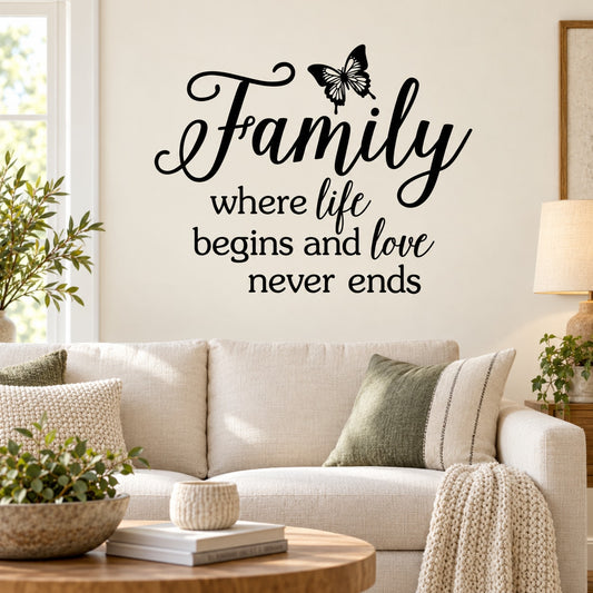 Family wall decal with script text and butterfly design