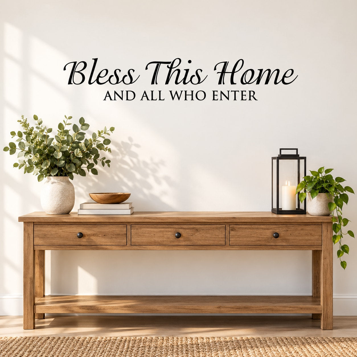 Wall quote decal: “Bless This Home” and “And All Who Enter” in script