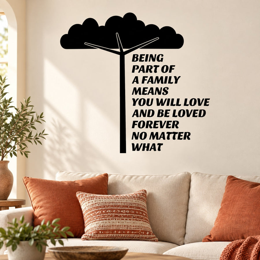 Black tree wall decal with "Being part of a family..." quote text