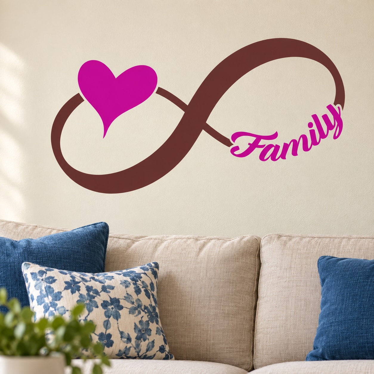 Infinity love wall decal: pink heart, brown infinity loop, cursive Family text