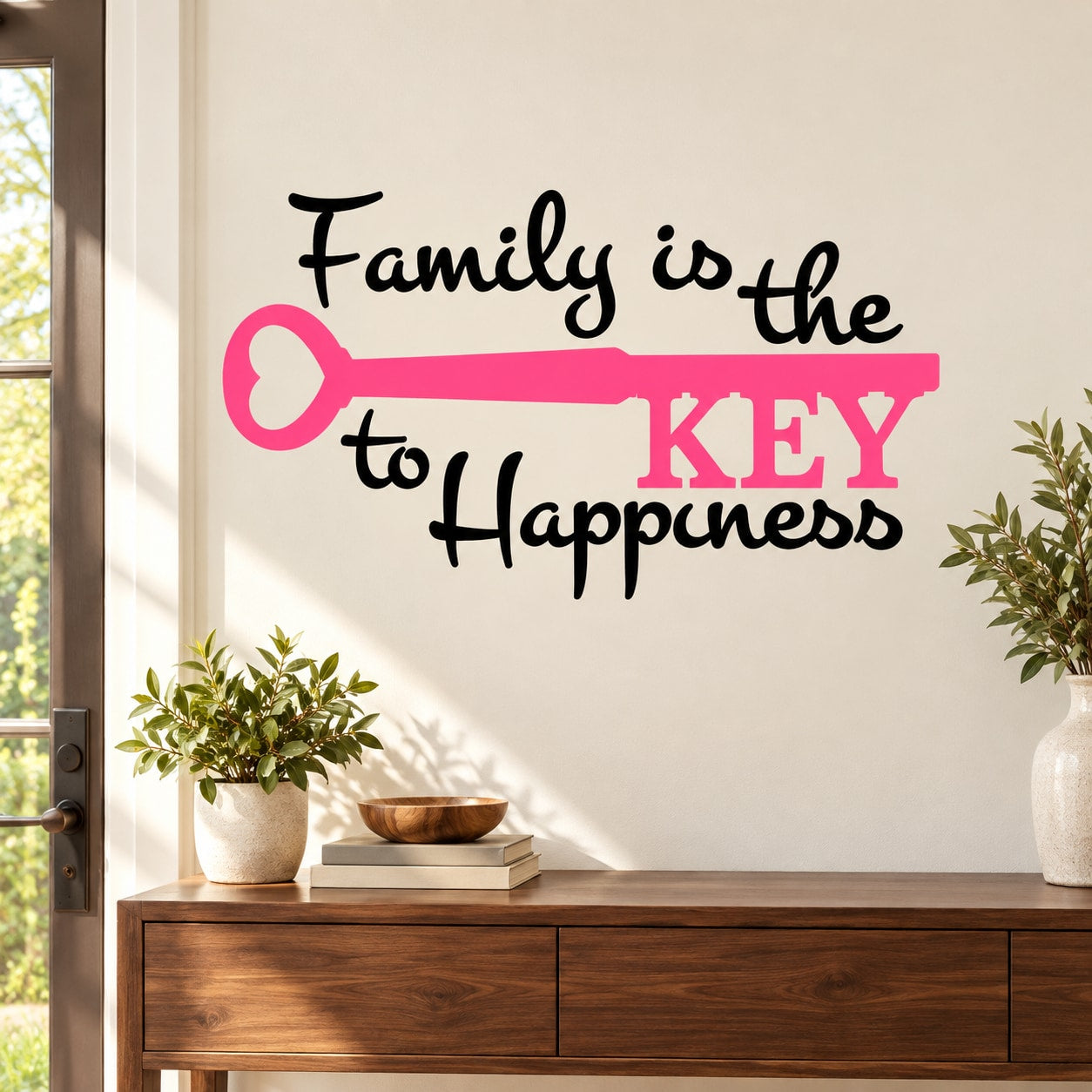 Printed die-cut wall decal with black script text and a pink key graphic