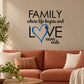 Wall decal with FAMILY text, blue heart, and LOVE never ends wording