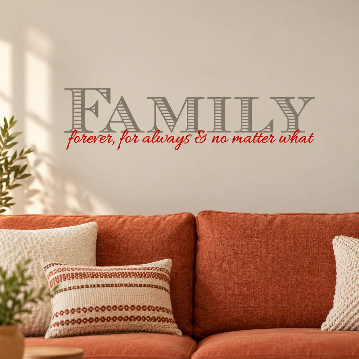 FAMILY printed die-cut wall decal with "forever for always & no matter what" script