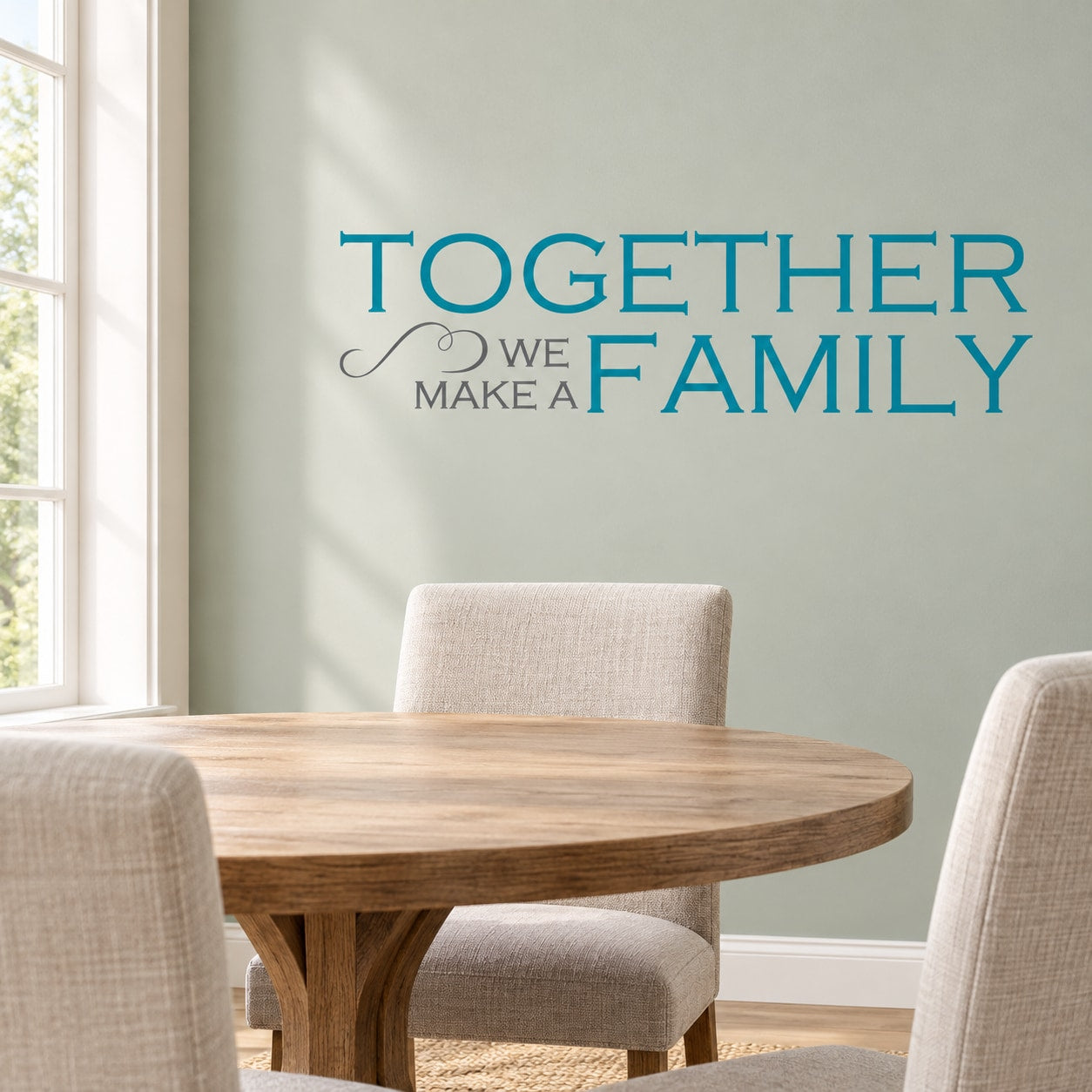 Printed wall decal set with blue and gray typography reading “Together We Family”